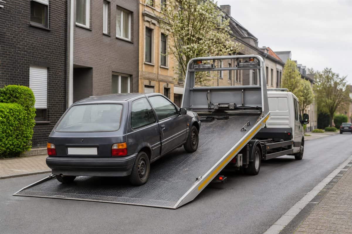 Älteres Auto wird sicher auf einen Abschleppwagen geladen